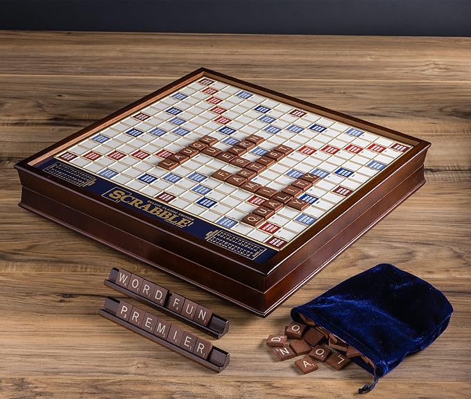 🎁 Scrabble Deluxe Edition with Rotating Wooden Board & Storage | Premium Family Game Night