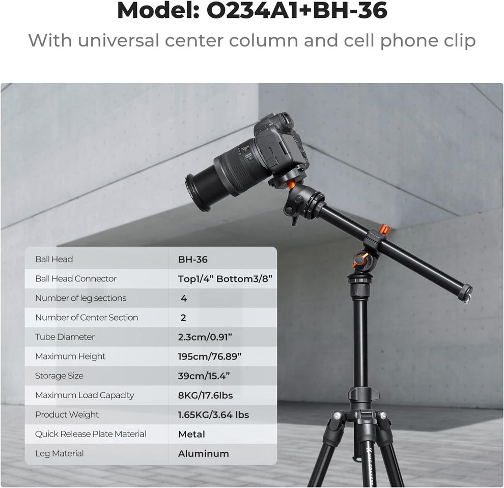 360° Ball Head Tripod | 76" Height, 8kg Load, Rotatable Arm for Overhead Shots ⚡🎥