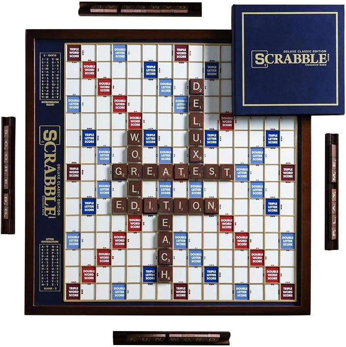 🎁 Scrabble Deluxe Edition with Rotating Wooden Board & Storage | Premium Family Game Night