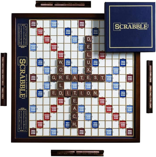 🎁 Scrabble Deluxe Edition with Rotating Wooden Board & Storage | Premium Family Game Night