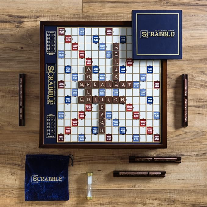 🎁 Scrabble Deluxe Edition with Rotating Wooden Board & Storage | Premium Family Game Night