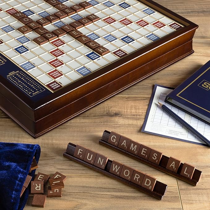 🎁 Scrabble Deluxe Edition with Rotating Wooden Board & Storage | Premium Family Game Night