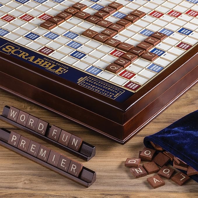 🎁 Scrabble Deluxe Edition with Rotating Wooden Board & Storage | Premium Family Game Night